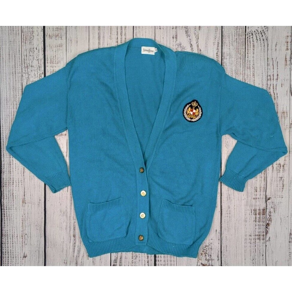 Vtg Neiman Marcus‎ Acrylic Cardigan Mr. Rogers Grandpa Sweater Crest Patch Sz S